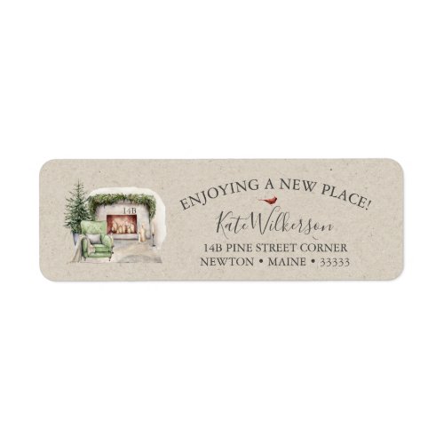 Cozy New Address with Fireplace Holiday Label