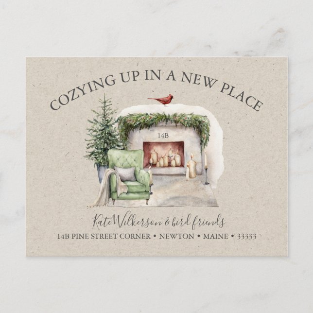 Cozy New Address with Fireplace Holiday Postcard (Front)