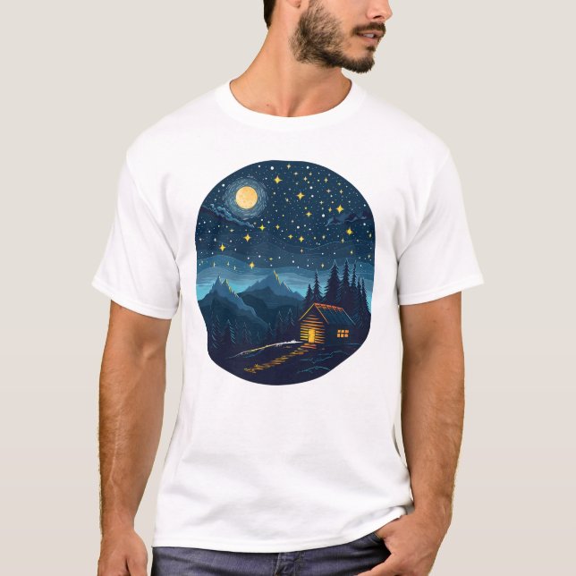 Cozy Night Cabin Under Starry Sky T-Shirt (Front)
