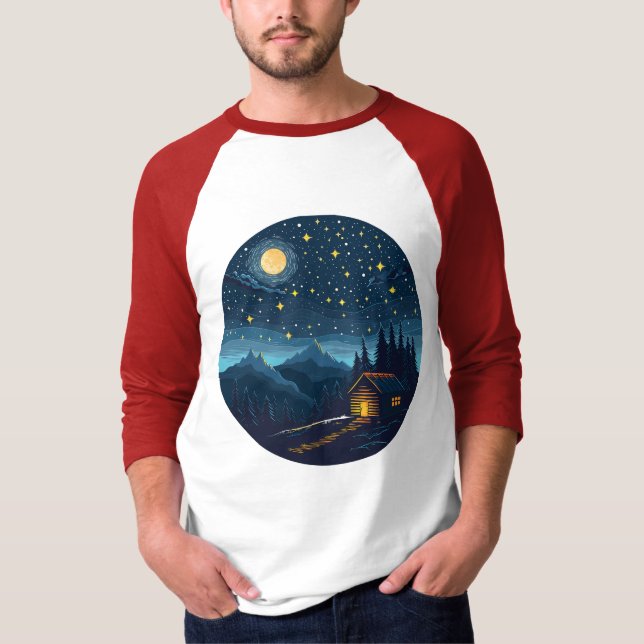 Cozy Night Cabin Under Starry Sky T-Shirt (Front)