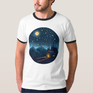 Cozy Night Cabin Under Starry Sky T-Shirt