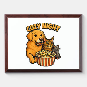 Cozy Night Movie Time – Cute Dog,Cat,Mouse Popcorn Award Plaque