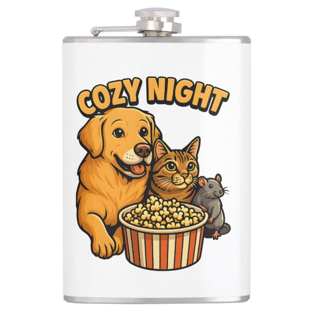 Cozy Night Movie Time – Cute Dog,Cat,Mouse Popcorn Flask (Front)