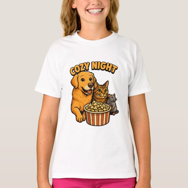 Cozy Night Movie Time – Cute Dog,Cat,Mouse Popcorn T-Shirt (Front)