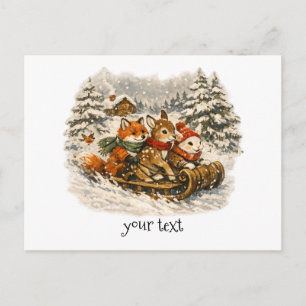 Cozy Nordic Christmas Woodland Animals Sled Gift Postcard