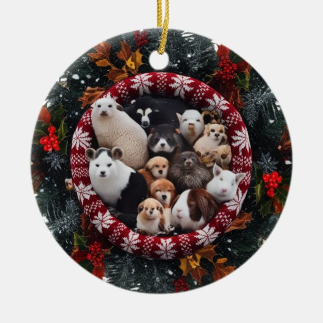 Cozy Nordic Knit Woodland Critters Ceramic Circle  Ornament (Front)