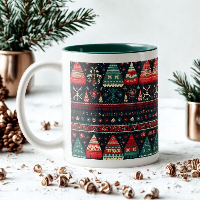 Cozy Nordic Pattern Green Scandinavian Christmas Two-Tone Coffee Mug (Creator Uploaded)