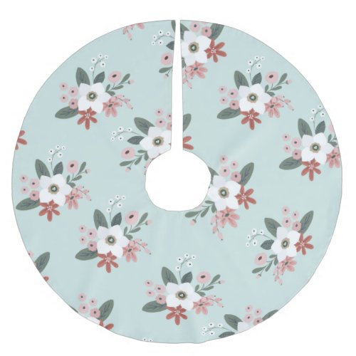 Cozy Nordic Pink and White Floral Christmas Brushed Polyester Tree Skirt