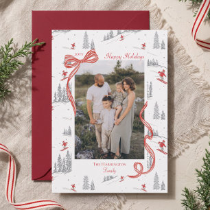 Cozy Nordic Winter Red Bow Family Photo Christmas Holiday Card