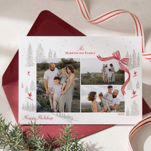 Cozy Nordic Winter Red Bow Photo Collage Christmas Holiday Card