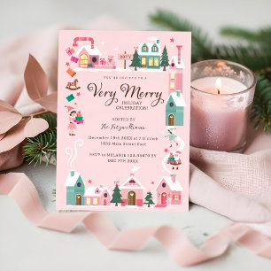Cozy North Pole Pink Elf Workshop Christmas Party  Invitation