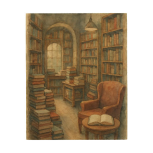 Cozy Old Library with Reading Nook Wood Wall Art