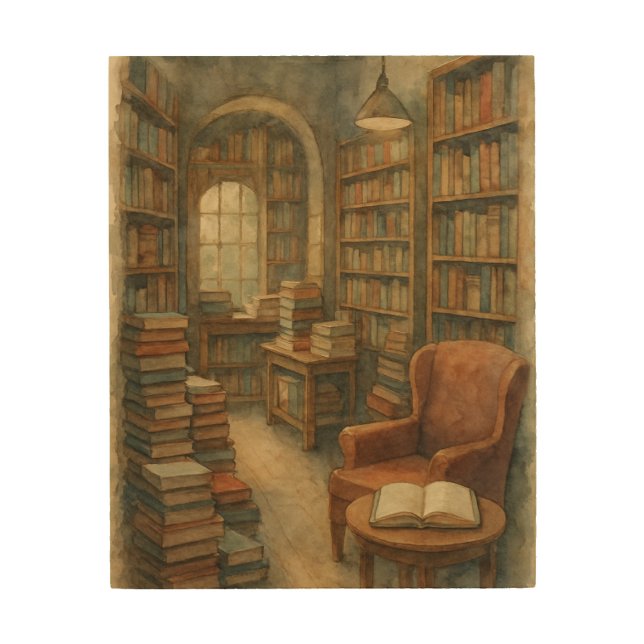 Cozy Old Library with Reading Nook Wood Wall Art (Front)