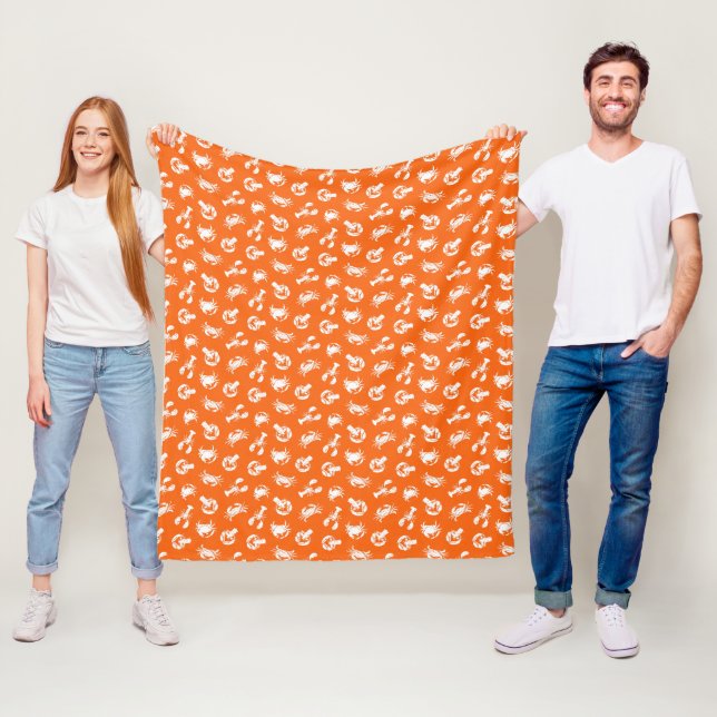 Cozy Orange and White Crab and Lobster Patterned Fleece Blanket (In Situ)