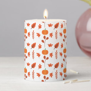 Cozy Orange Fall Leaves and Pumpkin Thanksgiving Pillar Candle
