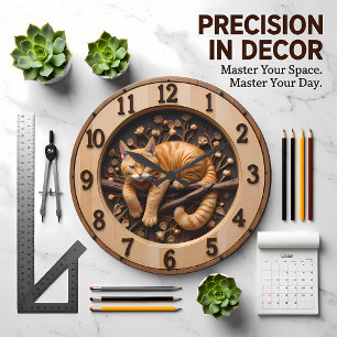 Cozy Orange Tabby Cat Wood Large Clock