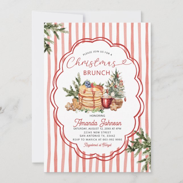 Cozy Pancakes & Holiday Pine Christmas Brunch Invitation (Front)