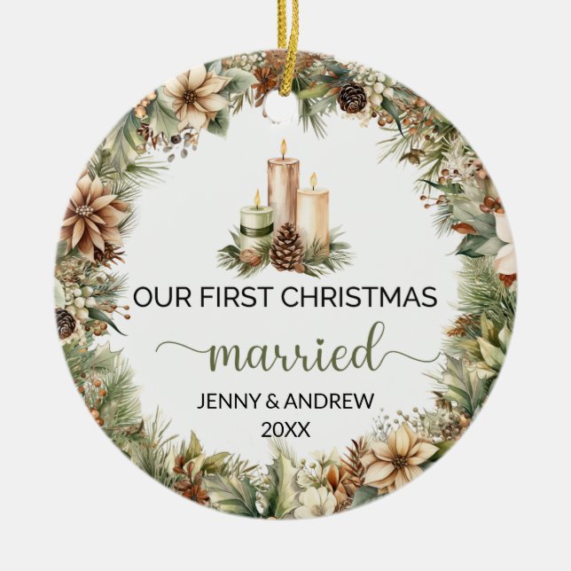 Cozy pastel green and beige Christmas candles Ceramic Ornament (Front)