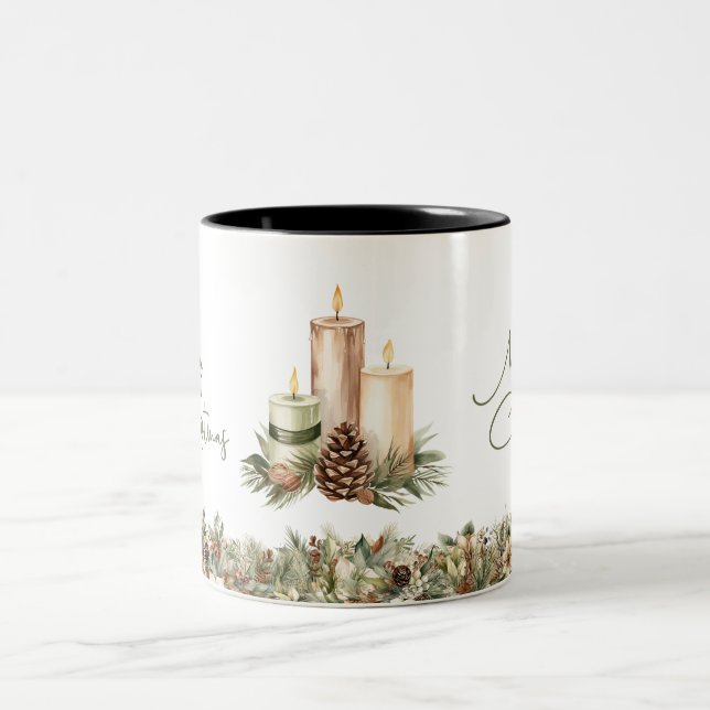 Cozy pastel green and ivory  Christmas candles Two-Tone Coffee Mug (Center)