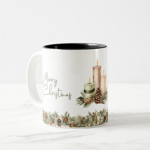 Cozy pastel green and ivory  Christmas candles Two_Tone Coffee Mug