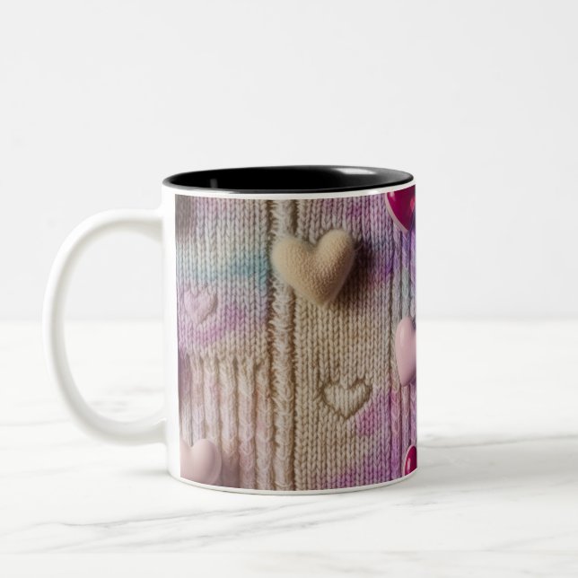 Cozy Pastel Knit Texture Multi Heart Two-Tone Mug (Left)