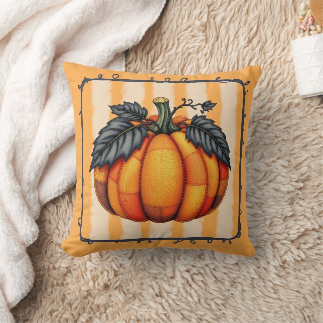 Cozy Patchwork Pumpkin – Autumn Farmhouse Quilt Throw Pillow (Blanket)