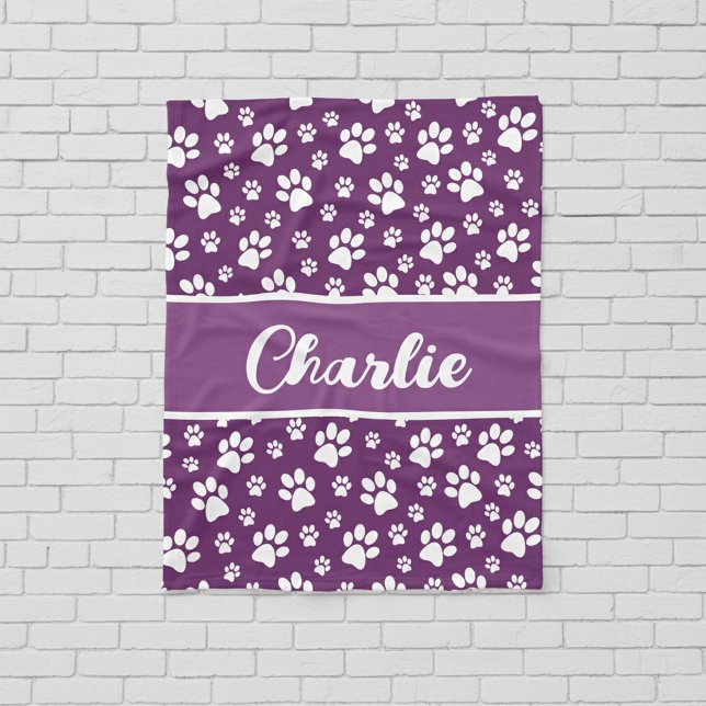 Cozy Paw Print Personalized Dog Blanket – Custom P (Purple cozy dog blanket - personalized with name)