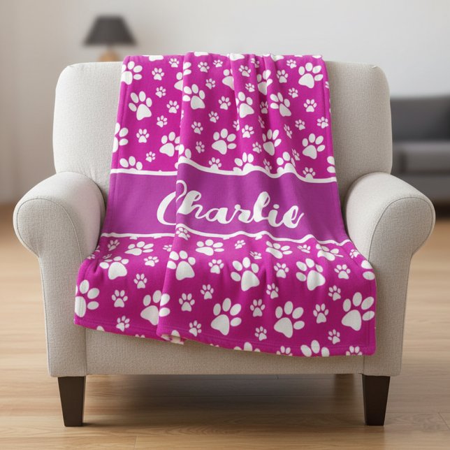 Cozy Paw Print Personalized Dog Blanket – Custom P (Pink personalized dog blanket for dog lovers)