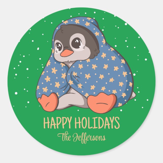 Cozy Penguin Christmas Animal Snowy Winter Holiday Classic Round Sticker (Front)