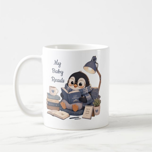 Cozy Penguin Reading Book Coffee Mug (Left)