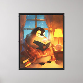 Cozy Penguin Reading Nursery Wall Print Canvas Art