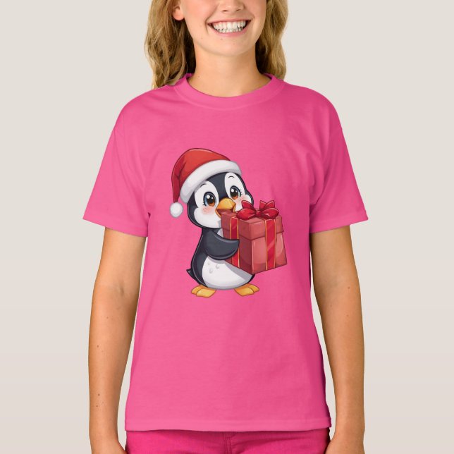 Cozy Penguin with Gift – Kids Christmas Tee (Front)