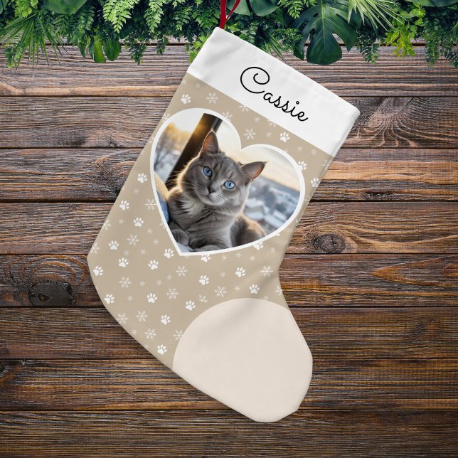 Cozy Pet Photo Cream Christmas Small Christmas Stocking (A Christmas stocking with snowflakes and pawprints, personalized with your cat's photo and name)