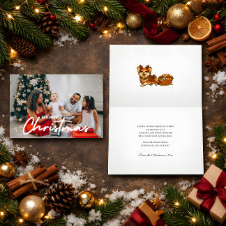 Cozy Photo Christmas Corgi Reindeer Sleigh Retro Card