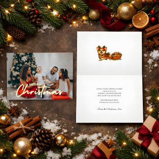 Cozy Photo Christmas Corgi Reindeer Sleigh Retro Foil Holiday Card