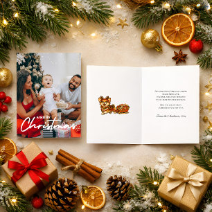 Cozy Photo Christmas Corgi Reindeer Sleigh Retro Holiday Card