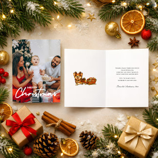 Cozy Photo Christmas Corgi Reindeer Sleigh Retro Holiday Card