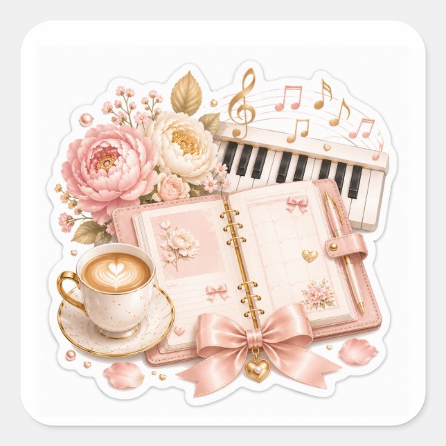 Cozy Piano Coffee Floral Stickers (Front)