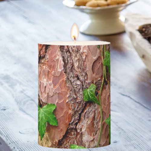 Cozy Pine Bark Green Ivy Vine Pillar Candle