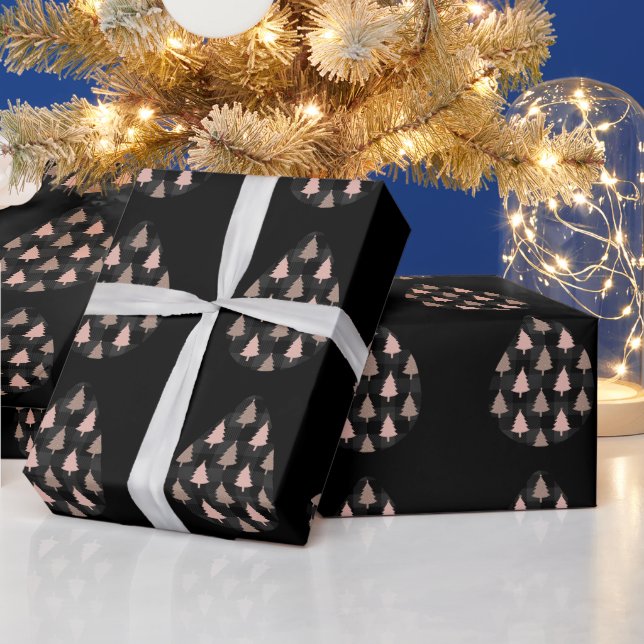 Cozy Pink and Black Merry Christmas Tree Gift Wrapping Paper (Holidays)