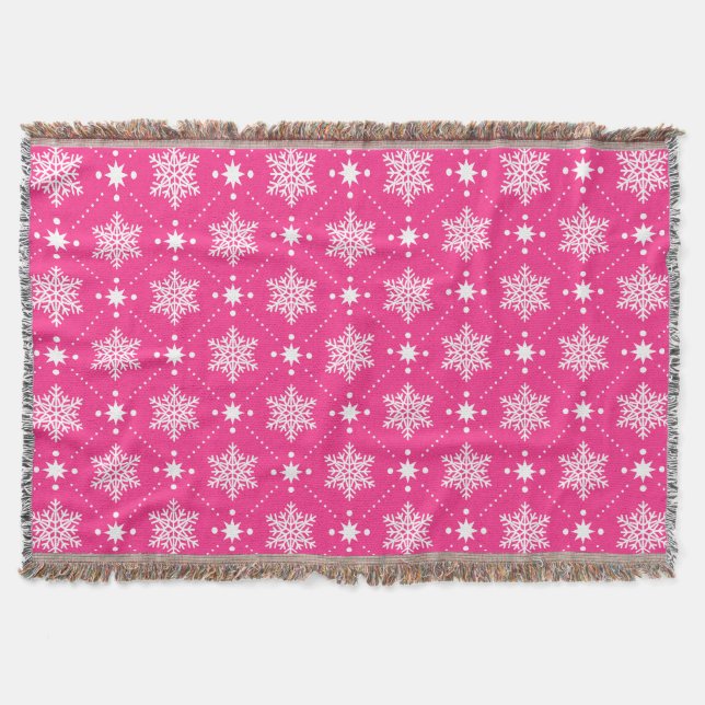 Cozy Pink And White Snowflakes Christmas Pattern Throw Blanket (Front)