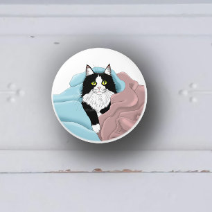 Cozy Pink Blue Whimsical Tuxedo Cat Blankets Ceramic Knob