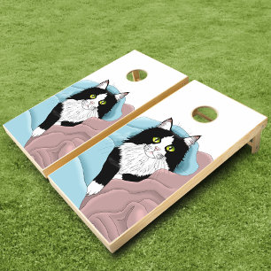 Cozy Pink Blue Whimsical Tuxedo Cat Blankets Cornhole Set