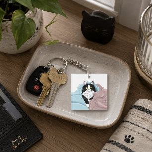 Cozy Pink Blue Whimsical Tuxedo Cat Blankets Keychain
