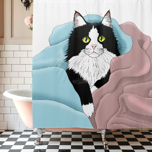 Cozy Pink Blue Whimsical Tuxedo Cat Blankets Shower Curtain