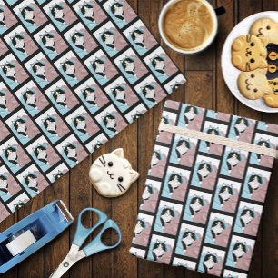 Cozy Pink Blue Whimsical Tuxedo Cat Blankets Wrapping Paper