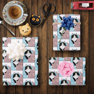 Cozy Pink Blue Whimsical Tuxedo Cat Blankets Wrapping Paper Sheets
