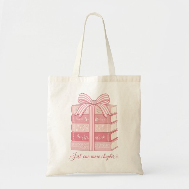 Cozy Pink Book Stack Just One More Chapter Tote Bag (Front)
