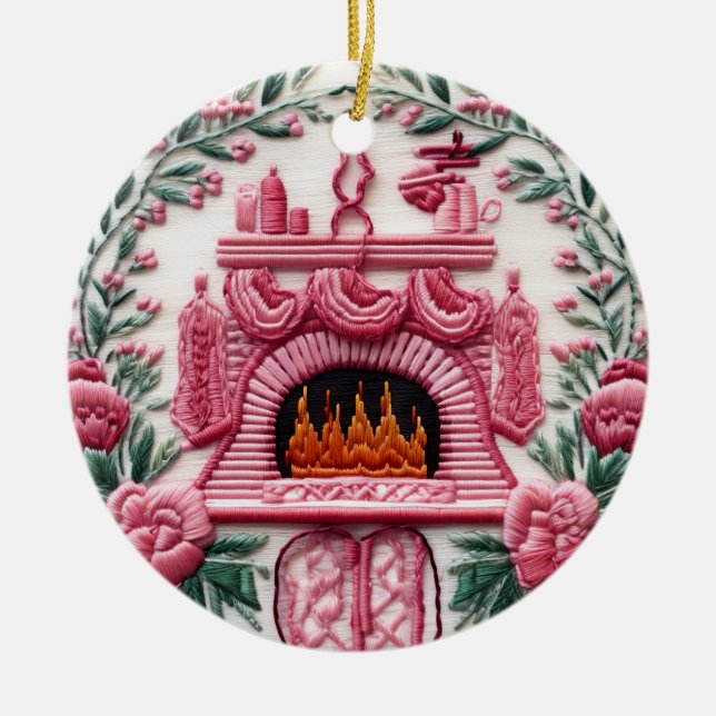 Cozy Pink Christmas Fireplace Ceramic Ornament (Front)