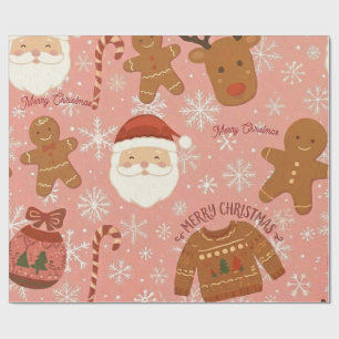 Cozy Pink Christmas Gingerbread & Reindeer Gift Wrapping Paper